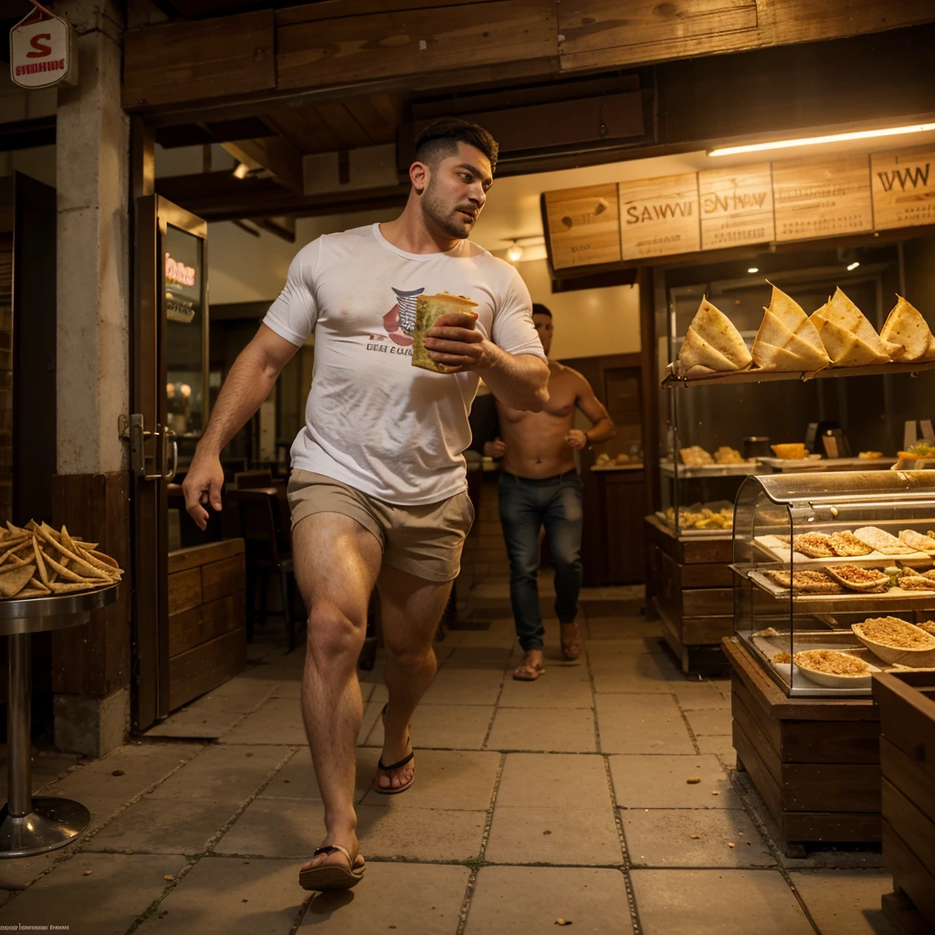 A man with shawarma in his hands runs away from a pig, escape from the pig, Shawarma, большая Shawarma, огромная Shawarma, man holding shawarma in two hands, a man quickly runs away from a pig, большая длинная Shawarma, shavuha is huge, lavash, a huge pig runs after a man