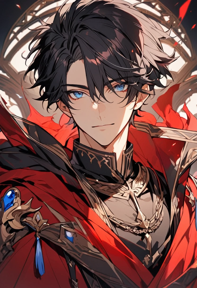 Male, solo, handsome, black hair, blue eyes, red cloak, young, half body 