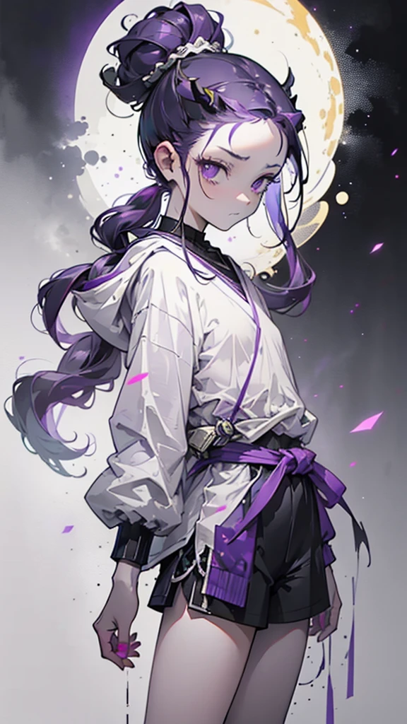 boy, thoughtful look, open forehead, black and purple hair braided into a ponytail on the left side in a bun. small curly black horns wrapped in white ribbon, pale violet eyes, short dark purple shorts. Long white t-shirt. dark purple knee socks. dark purple hooded robe, with a pattern of gold circles and a white robe on the inside. dark corridor with stairs, rays of light fall from above