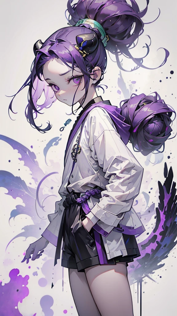 boy, thoughtful look, open forehead, black and purple hair braided into a ponytail on the left side in a bun. small curly black horns wrapped in white ribbon, pale violet eyes, short dark purple shorts. Long white t-shirt. dark purple knee socks. dark purple hooded robe, with a pattern of gold circles and a white robe on the inside. dark corridor with stairs, rays of light fall from above