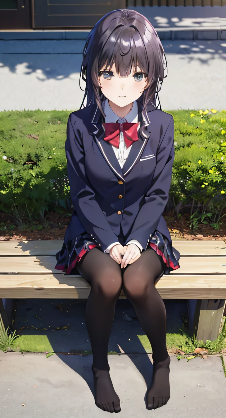 high quality, masterpiece, High resolution, (Head to Toe full body), front, frontComposition from slightly below, Symmetric, Tall 18 year old girl, alone, (Head to Toe), (Small breasts), Black Hair, bangs, (black tights), (Black Pantyhose), (Sit with your legs apart), (Crouching pose), ( (Sit on a bench with your legs spread), (M-shaped feet), Thin legs, Very beautiful tall 18 year old girl, (No shoes), smile、 Looking into the camera, blazer uniform, Checkered Pleated Skirt