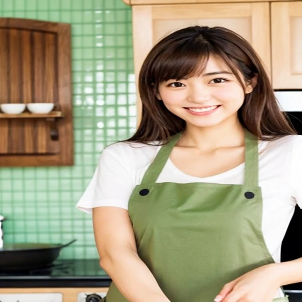 Realistic Japanese woman wearing a brown apron cooking fried eggs in a frying pan, Cooking, White T-shirt, Young and cute gravure idol, Young and sexy gravure idol, Beautiful Japanese woman's face, For whom?, Realistic young gravure idol, Brown Hair, Semi-short hair,