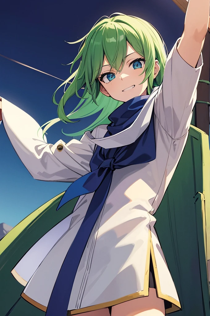 Highest quality, masterpiece, High resolution, alone, （Fire emblem），（FE Heroes_Levin），Evening sky_background，male，（smug face），（green_Hair Color）, 4K, masterpiece,， alone, 1,whole body，looking at the camera, Fumaru，blue_Scarf，（white_coat）Sharp Eyes，（Full Finger）, （gun_Swing up）, （The finer details）, （Anatomically correct）, (映画のbackground), Hyper Detail, (Subtle details), (Intricate details)