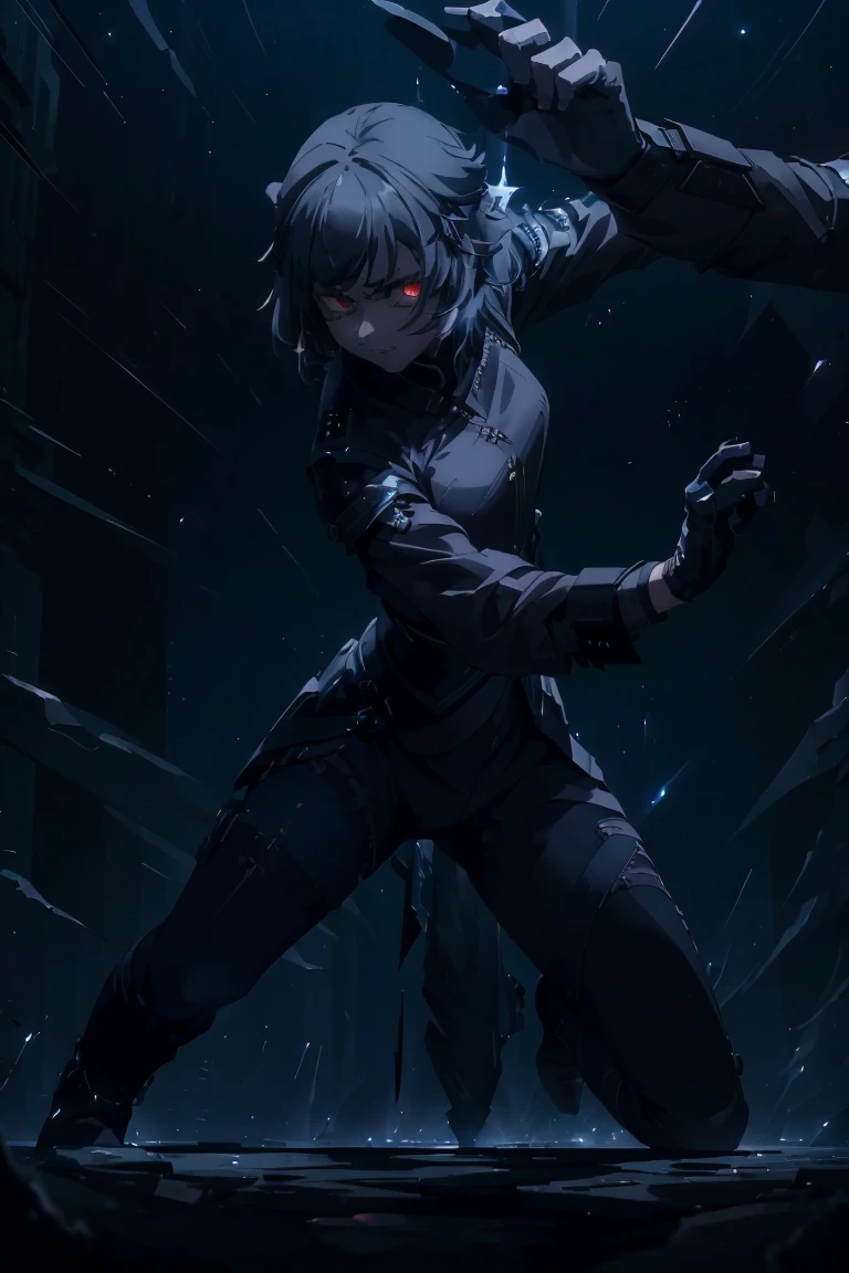 Costume clothes for racial women: woman human (with enhanced characteristics Genre: Feminine woman appearance: Dark skin and medium muscular Short white hair spiked up, similar to the style "porcupine hair"
eerie glowing red eyes, emanating power Wearing the black jacket characteristic of High-Level Hunters, with gold detailsTight black cargo pants, with black combat boots ELA Accessories: black fingerless gloves, revealing sharp claw marks Magic dagger floating next to his right hand, WOMAN emitting a slightly bluish aura Pose: Sung Jin-Woo is in dynamic battle pose, ready to attack.
One leg forward, the other flexed backwards, balancing your weight.
The body tilted slightly forward, conveying the sensation of imminent movement.
Right arm raised, wielding the magic dagger with firmness and control.
Serious and determined facial expression, with a slight predatory smile nos lábios.
detaileds: high detailed drawing, capturing every texture and nuance of clothing, WOMAN'S body and facial expression Dramatic lighting, focusing on the face and magic dagger, creating a stunning contrast effect.simply white background, directing all attention to the main character.
Solo Leveling Elements: woman The magic dagger can be represented as a replica of the "Shadow Dagger" de Sung Jin-Woo, emitting a slightly bluish aura like in the anime.
The claw marks on the gloves could be a subtle nod to Sung Jin-Woo's power to control shadows..
Serious and determined facial expression, with a slight predatory smile, captures the essence of Sung Jin-Woo's ruthless personality when in combat.
The dynamic pose and dramatic lighting convey the sense of power and danger that Sung Jin-Woo exudes as the Solo Level Hunter.