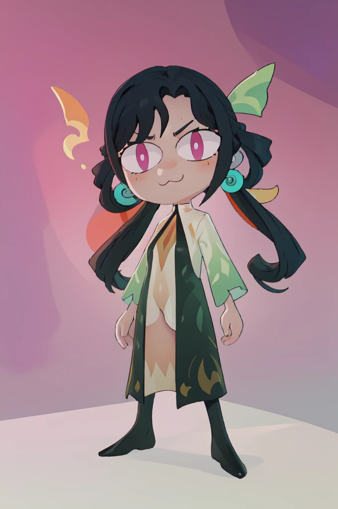 (work of art, best qualityer:1.2), chibi, standing alone, 1 girl, take off, :3, slitted pupils, hair ornament, hair rings, forehead jewelry, aretes, black gown,panties pink, background with nothing, White hair , detailed purple eyes, with an angry face