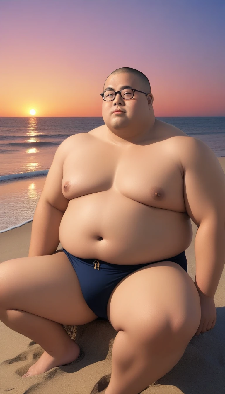 A fat man，Big eyes，Black round glasses，short hair，Round inches，Big round face，Very large and well-developed chest muscles，Big full belly，Sitting on the beach far away from the sunset，The upper body is bare，Wearing briefs with bulge in the crotch，Oriental male，full-body shot