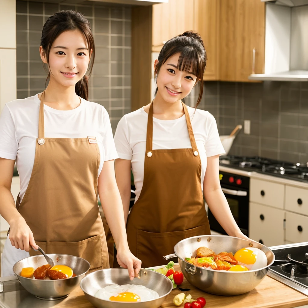 Realistic Japanese woman wearing a brown apron cooking fried eggs in a frying pan, Cooking, White T-shirt, Young and cute gravure idol, Young and sexy gravure idol, Beautiful Japanese woman's face, For whom?, Realistic young gravure idol, Brown Hair, Semi-short hair,