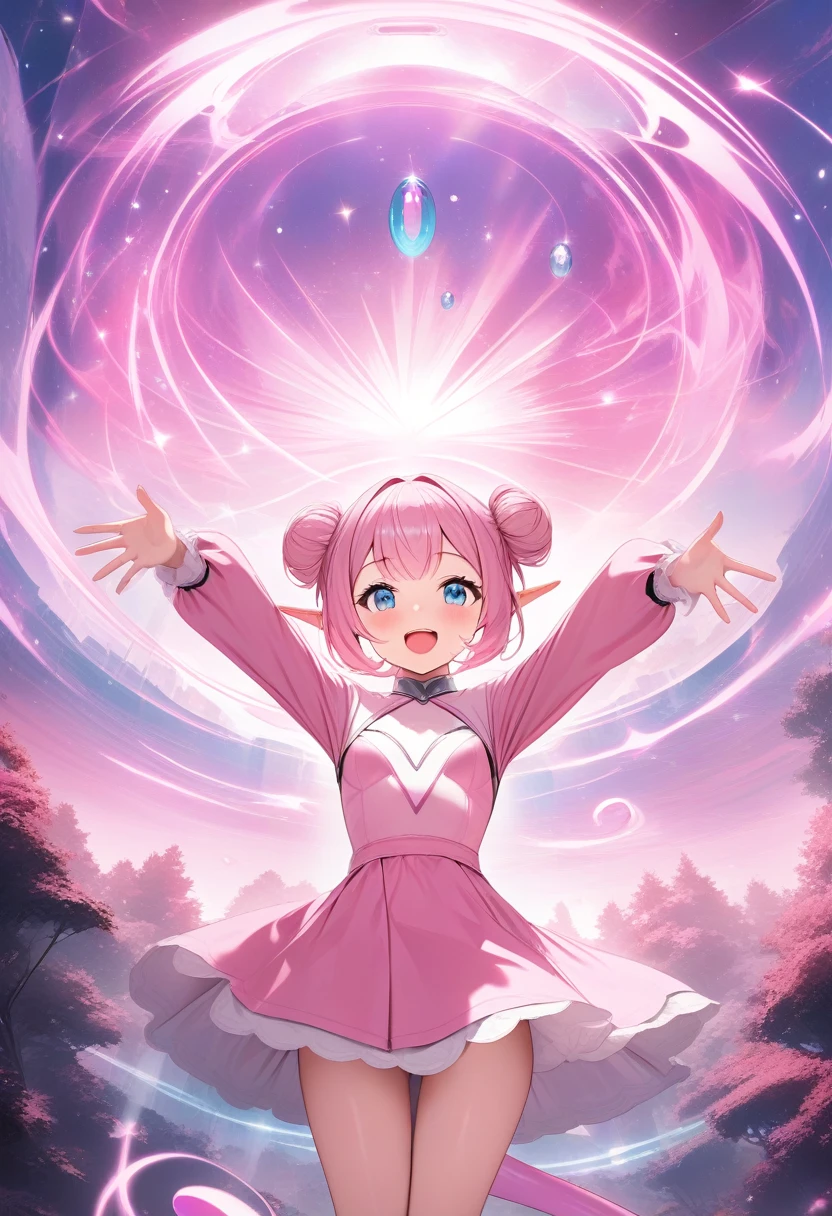 1girl, correctly drawn hands, :D, open arms, surrounded by pink magic, cute alien, elf ears, blue eyes, pink alien tail, natural small breasts, sci-fi, pink dress, long sleeves, light-pink hair, hair buns, pink magical forest, masterpiece quality, ultra HD, 4K, best quality, 