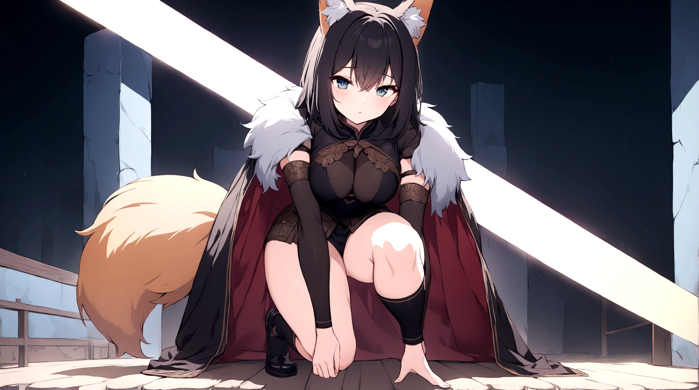 (1girl, Masterpiece, best quality) (detailed and beautiful eyes:1.6) (perfect hands, perfect anatomy) (full body)) (Mature) Fox-girl Misaki has (short black hair), (Fox-ears). ((She wears a black full cover fantasy, medieval adventurer armor with additional coat. She has a one black **fluffly** fox tail. She has over-to-knee socks. Her standing position shows strength.