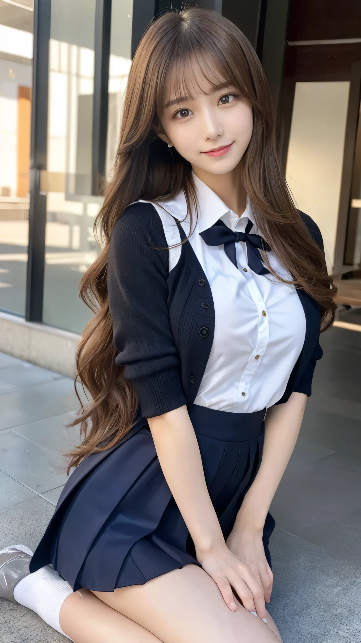 (Detailed skin:1.2),(Shiny skin:1.1),8K,Highest quality, masterpiece, Ultra-high resolution,(Realistic:1.4), RAW Photos,(Soft saturation:1.3),(Fair skin:1.2),Japanese Idols,repair,20 years, Light brown hair, （Long Hairstyles:1.2), Asymmetrical Hair, Asymmetrical bangs (Pretty face:1.4), (Large Breasts, Tight waist), Beautiful lighting, Small Head, (Student Uniform:1.2,),（Wearing loose socks:1.3),Highly detailed face, Highly detailed lips, fine grain, double eyelid,（Full Body Shot:1.2）, Browsing Caution, （Sharp focus: 1.2）, （Perfect Anatomy、Beautiful woman with perfect figure: 1.2）、Exposing cleavage、Random sexy poses，Accentuate your leg lines、Smiling