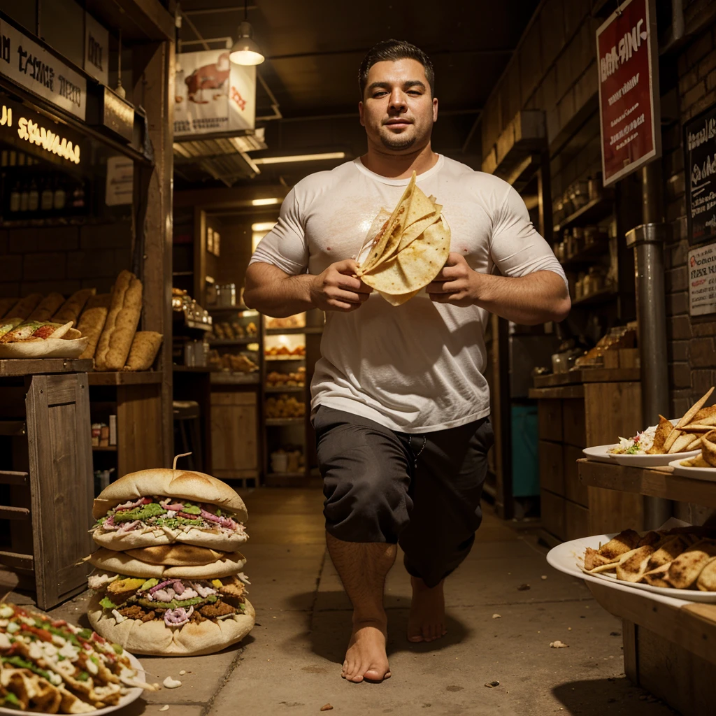 A man with shawarma in his hands runs away from a pig, escape from the pig, Shawarma, большая Shawarma, огромная Shawarma, man holding shawarma in two hands, a man quickly runs away from a pig, большая длинная Shawarma, shavuha is huge, lavash, a huge pig runs after a man