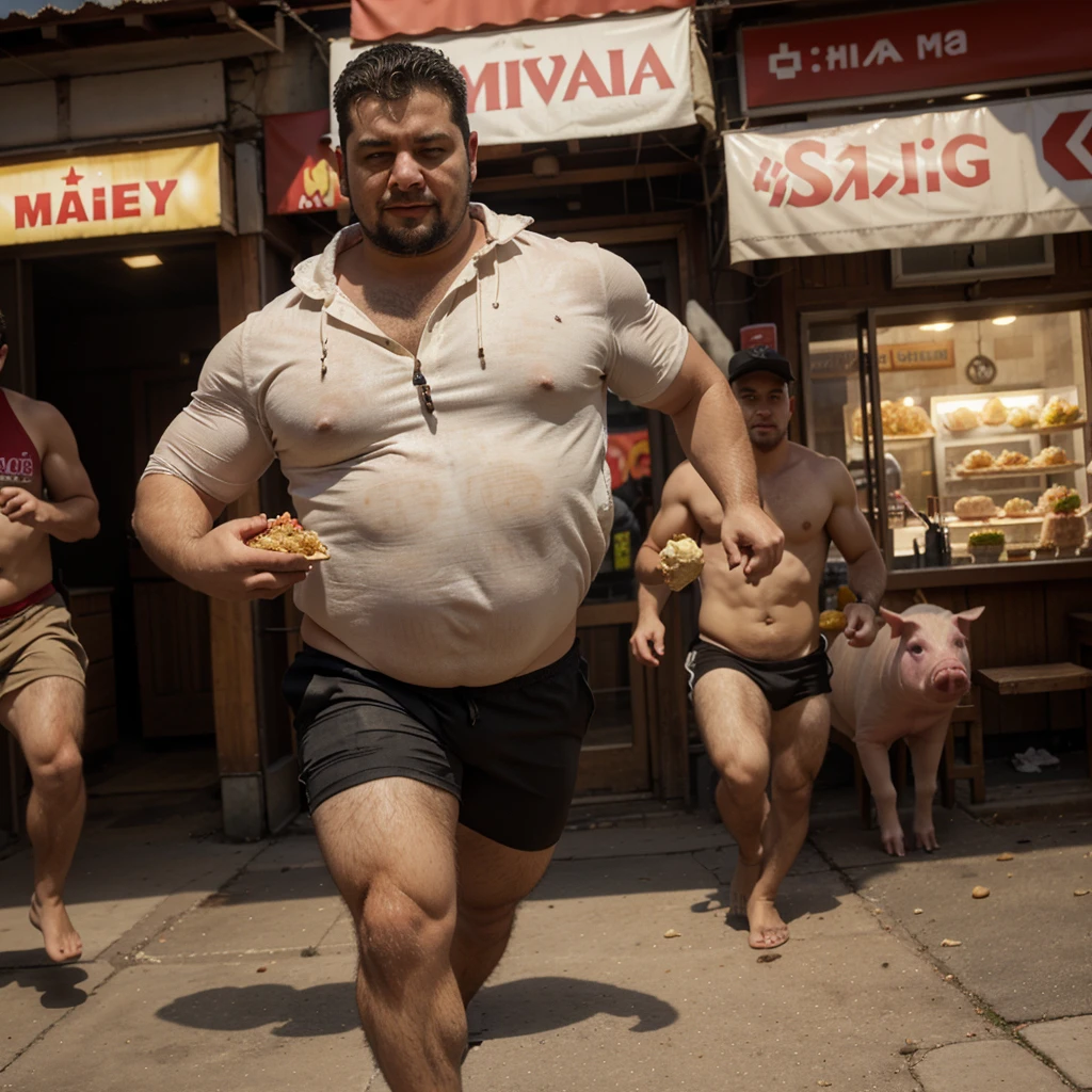 A man with shawarma in his hands runs away from a pig, escape from the pig, Shawarma, большая Shawarma, огромная Shawarma, man holding shawarma in two hands, a man quickly runs away from a pig, большая длинная Shawarma, shavuha is huge, lavash, a huge pig runs after a man
