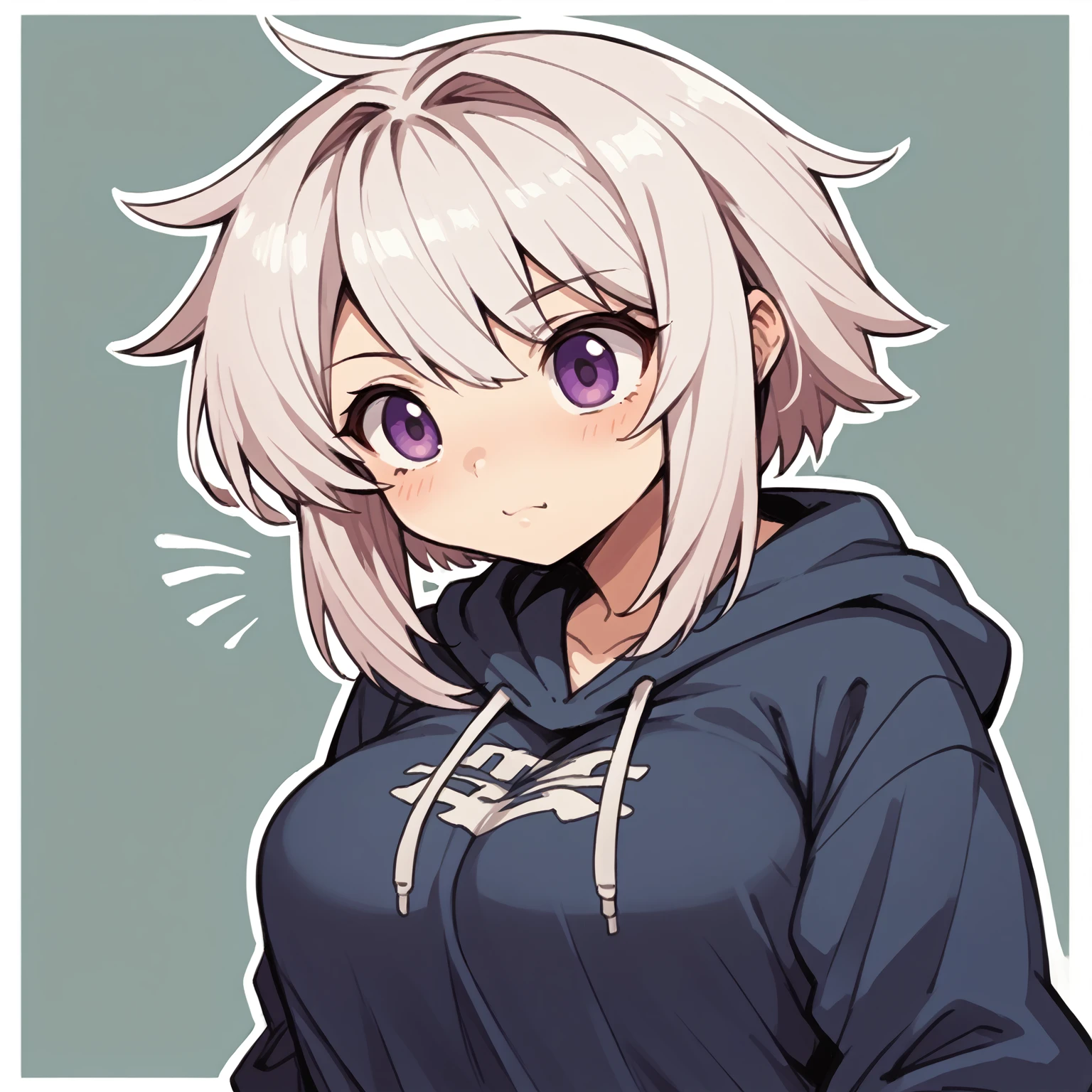 a cartoon of a girl with white hair and purple eyes, [[[[grinning wickedly]]]], anime moe art style, she has a cute and expressive face, in anime style, anime girl named Lucy, cute anime face, in a sweatshirt preto, extremely cute anime girl face, grinning lasciviously, cute anime girl portraits, in a sweatshirt((breasts big))