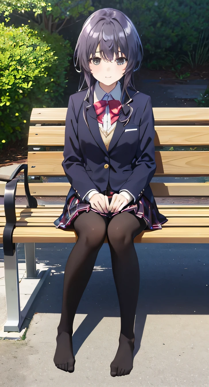 high quality, masterpiece, High resolution, (Head to Toe full body), front, frontComposition from slightly below, Symmetric, Tall 18 year old girl, alone, (Head to Toe), (Small breasts), Black Hair, bangs, (black tights), (Black Pantyhose), (Sit with your legs apart), (Crouching pose), ( (Sit on a bench with your legs spread), (M-shaped feet), Thin legs, Very beautiful tall 18 year old girl, (No shoes), smile、 Looking into the camera, blazer uniform, Checkered Pleated Skirt
