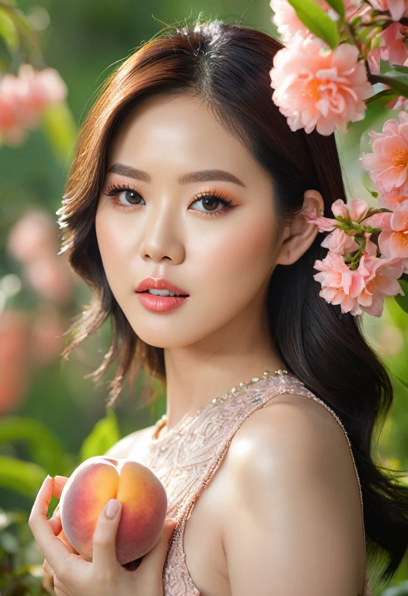 a beautiful Thai actress Baifern Pimchanok, beautiful detailed eyes, beautiful detailed lips, extremely detailed eyes and face, long eyelashes, beautiful face, serene expression, holding a piece of peach, standing in a middle of a peach garden, natural lighting, professional portrait, captured by mirrorless camera with 135mm lens, 8k, ultra-detailed, realistic, photo-realistic, physically-based rendering, vivid colors, natural lighting, warm color tones, detailed foliage, flower petals around, intricate details
