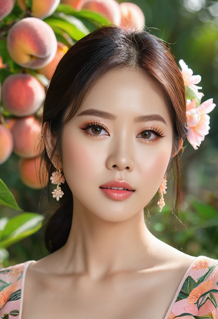 a beautiful Thai actress Baifern Pimchanok, beautiful detailed eyes, beautiful detailed lips, extremely detailed eyes and face, long eyelashes, beautiful face, serene expression, holding a piece of peach, standing in a middle of a peach garden, natural lighting, professional portrait, captured by mirrorless camera with 135mm lens, 8k, ultra-detailed, realistic, photo-realistic, physically-based rendering, vivid colors, natural lighting, warm color tones, detailed foliage, flower petals around, intricate details