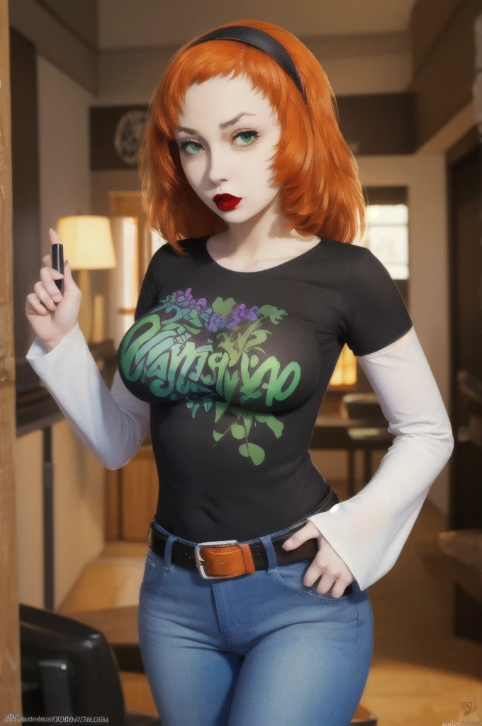 (masterpiece, best quality:1.2), vivian james, orange hair, hairband, four-leaf clover, 1girl, solo, standing, black t-shirt, white shirt, blue jeans, belt, lipstick, large breasts, layered sleeves