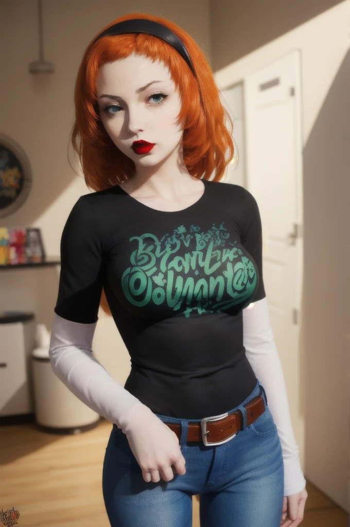 (masterpiece, best quality:1.2), vivian james, orange hair, hairband, four-leaf clover, 1girl, solo, standing, black t-shirt, white shirt, blue jeans, belt, lipstick, large breasts, layered sleeves