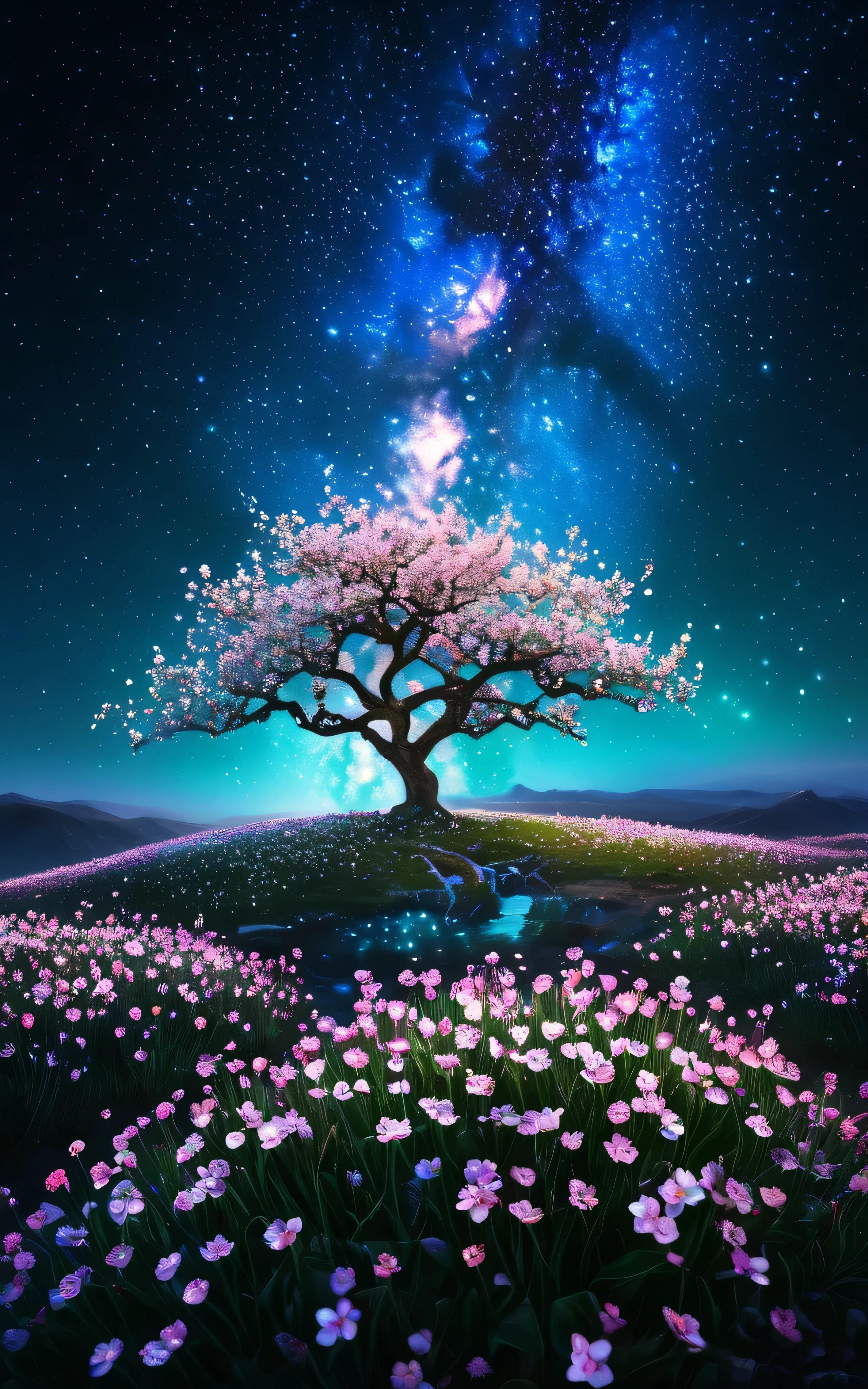 Crystal Spring Blossom,
Fantasy, Milky Way, transparent, 
Sparkling, Sparkling, wonderful, colorful, 
Magical Pictures, Dramatic lighting, Photographic realism, Super detailed, 4K, Depth of written boundary, High resolution