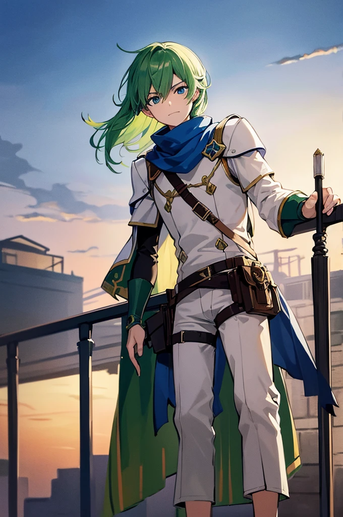 Highest quality, masterpiece, High resolution, alone, （Fire emblem），（FE Heroes_Levin），Evening sky_background，Middle Age_male，（smug face），（green_Hair Color）, 4K, masterpiece,， alone, 1,whole body，looking at the camera, Fumaru，blue_Scarf，（white_coat）Sharp Eyes，（Full Finger）, （gun_Swing up）, （The finer details）, （Anatomically correct）, (映画のbackground), Hyper Detail, (Subtle details), (Intricate details)