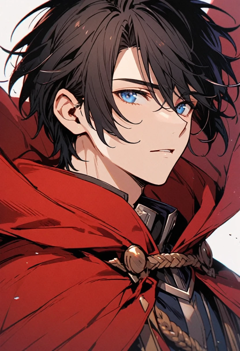 Male, solo, handsome, black hair, blue eyes, red cloak, young, half body