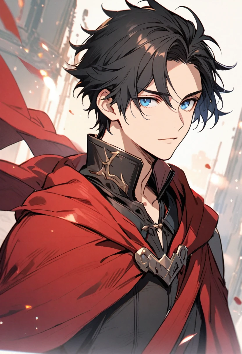 Male, solo, handsome, black hair, blue eyes, red cloak, young, half body 