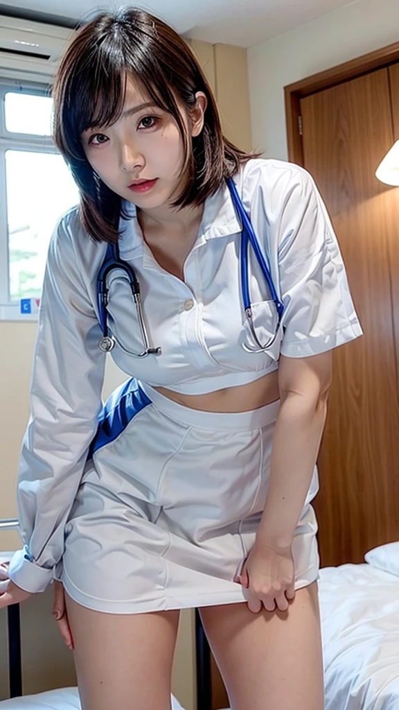 Transparent female doctor uniform、Transparent nipples、Transparent skirt、Leaning forward、hospital