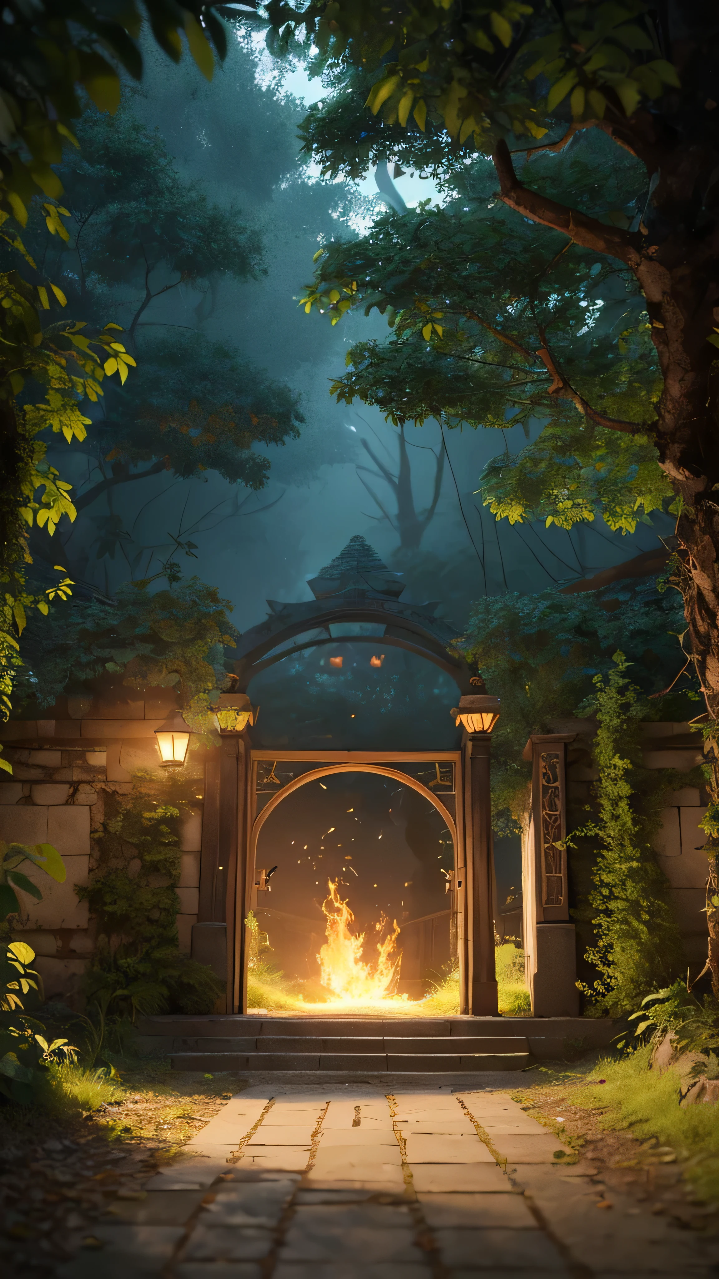 (digital art:1.3) of (Sketched:1.1) octane render of a mysterious dense forest with a large (Magic:1.2) Gate (portal:1.3) To the eternal kingdom, The Gate frame is designed in a round shape, surrounded by delicate leaf and branches, with fire Fly and shineing Particle Effects, (UI interface frame design), (Natural elements of), (Jungle theme), (Four Corners), (leaf) , (Twig), (fire Fly), butterfly, (delicate leaf), (shine), (Particle Effects, Engraving fine details with light, (Light Particles:1.2), (Game of Concept:1.3), (depth of field:1.3), Global Illumination,Very detailed,Trending on Art Station.