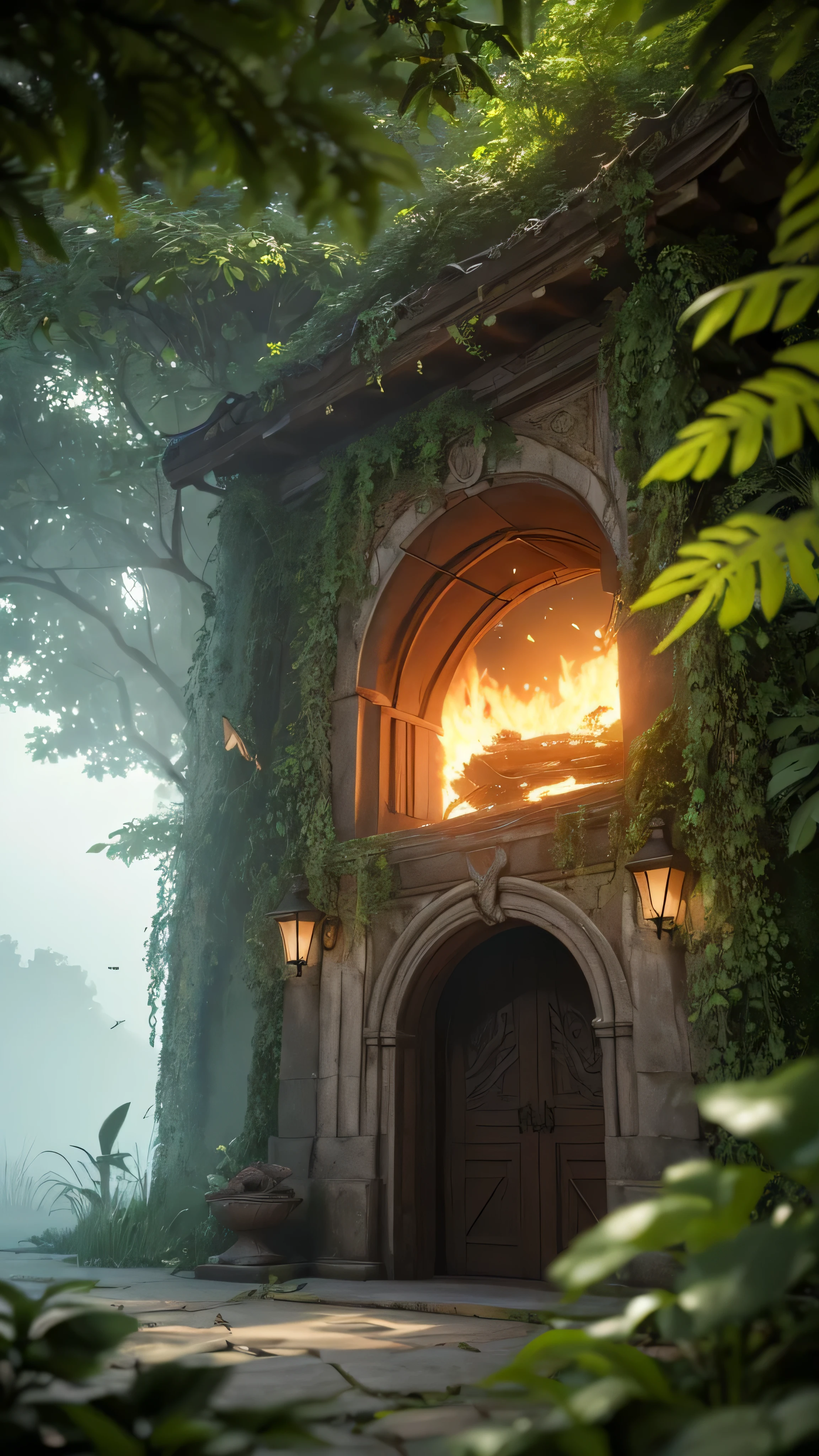 (digital art:1.3) of (Sketched:1.1) octane render of a mysterious dense forest with a large (Magic:1.2) Gate (portal:1.3) To the eternal kingdom, The Gate frame is designed in a round shape, surrounded by delicate leaf and branches, with fire Fly and shineing Particle Effects, (UI interface frame design), (Natural elements of), (Jungle theme), (Four Corners), (leaf) , (Twig), (fire Fly), butterfly, (delicate leaf), (shine), (Particle Effects, Engraving fine details with light, (Light Particles:1.2), (Game of Concept:1.3), (depth of field:1.3), Global Illumination,Very detailed,Trending on Art Station.