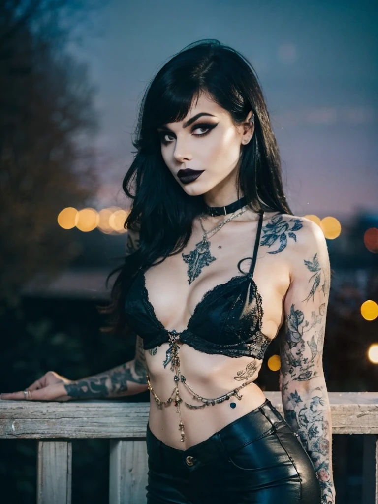  sexy Goth girl , cut hair with fringe, ((( tattooed arm))) . Night Cemitery background.