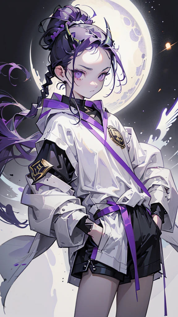 boy, thoughtful look, open forehead, black and purple hair braided into a ponytail on the left side in a bun. small curly black horns wrapped in white ribbon, pale violet eyes, short dark purple shorts. Long white t-shirt. dark purple knee socks. dark purple hooded robe, with a pattern of gold circles and a white robe on the inside. dark corridor with stairs, rays of light fall from above