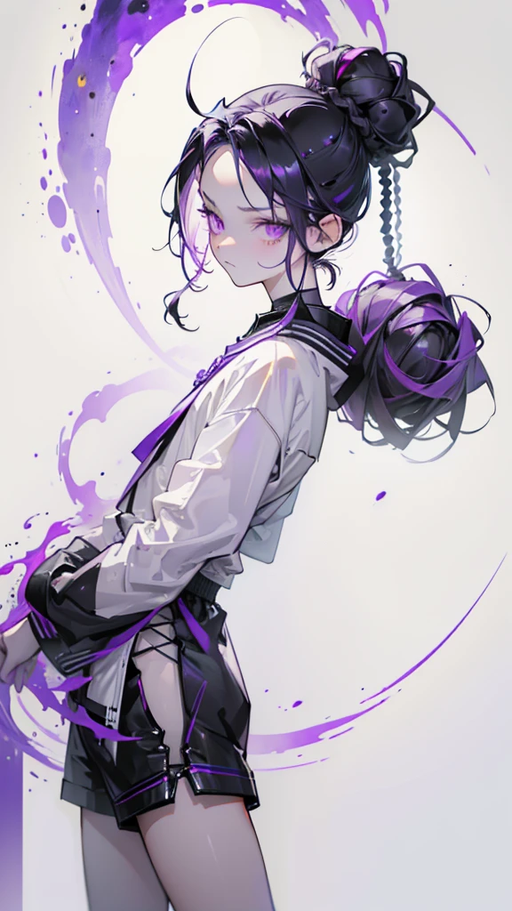 boy, thoughtful look, open forehead, black and purple hair braided into a ponytail on the left side in a bun. small curly black horns wrapped in white ribbon, pale violet eyes, short dark purple shorts. Long white t-shirt. dark purple knee socks. dark purple hooded robe, with a pattern of gold circles and a white robe on the inside. dark corridor with stairs, rays of light fall from above