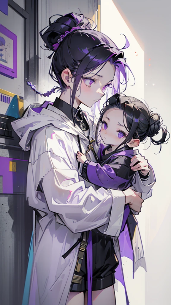 boy, thoughtful look, open forehead, black and purple hair braided into a ponytail on the left side in a bun. small curly black horns wrapped in white ribbon, pale violet eyes, short dark purple shorts. Long white t-shirt. dark purple knee socks. dark purple hooded robe, with a pattern of gold circles and a white robe on the inside. dark corridor with stairs, rays of light fall from above