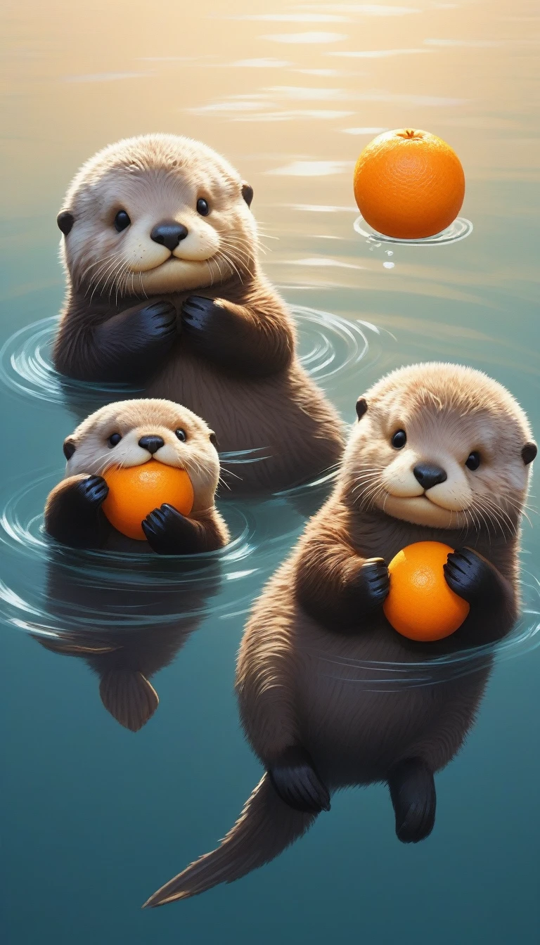 Four sea otters floating in the ocean、Holding a tangerine in both hands、character