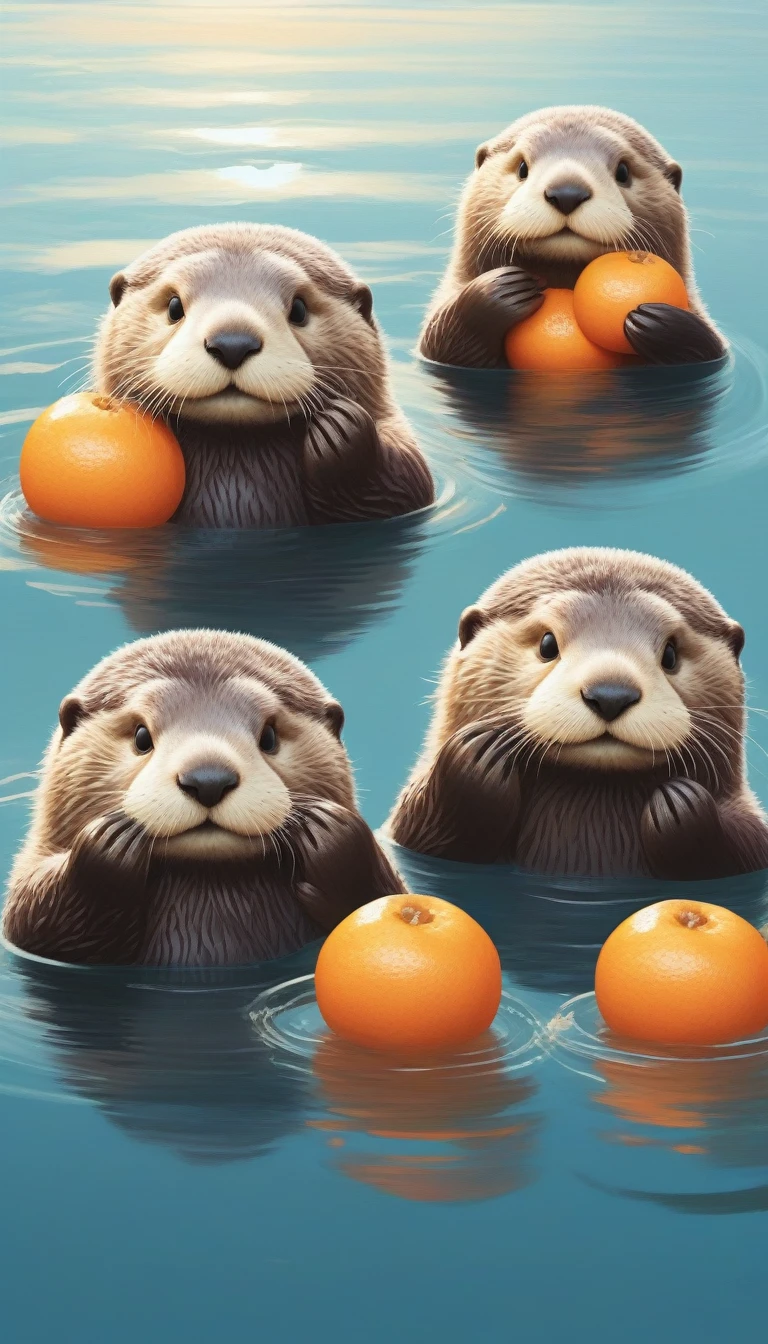 Four sea otters floating in the ocean、Holding a tangerine in both hands、character