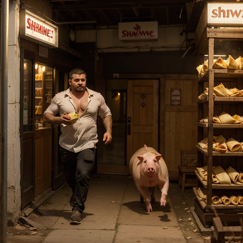 A man with shawarma in his hands runs away from a pig, escape from the pig, Shawarma, большая Shawarma, огромная Shawarma, man holding shawarma in two hands, a man quickly runs away from a pig, большая длинная Shawarma, shavuha is huge, lavash, a huge pig runs after a man