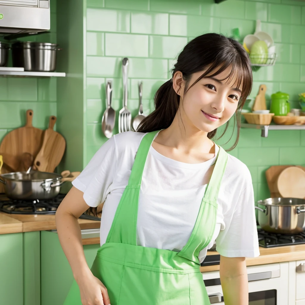 Realistic Japanese woman wearing a green apron in the kitchen, Cooking, White T-shirt, Young and cute gravure idol, Young and sexy gravure idol, Beautiful Japanese woman&#39;s face, For whom?, Realistic young gravure idol, Brown Hair, Semi-short hair, 