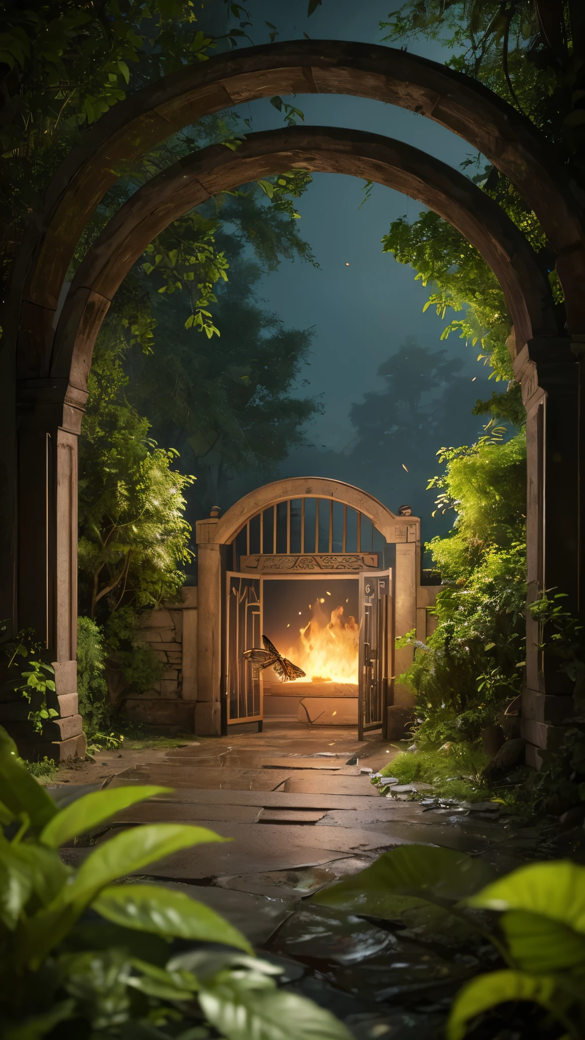 (Digital Art:1.3) of (Sketched:1.1) octane render of a mysterious dense forest with a large (魔法of:1.2) Gate (Portal:1.3) 永遠of王国へ, The Gate frame is designed in a round shape, surrounded by delicate leaf and branches, with fire Fly and shineing Particle Effects, (UI interface frame design), (自然of要素), (Jungle theme), (Four Corners), (leaf) , (Twig), (fire Fly), butterfly, (delicate leaf), (shine), (Particle Effects, Engraving fine details with light, (Light Particles:1.2), (ゲームofコンセプト:1.3), (depth of field:1.3), Global Illumination,Very detailed,Trending on Art Station.