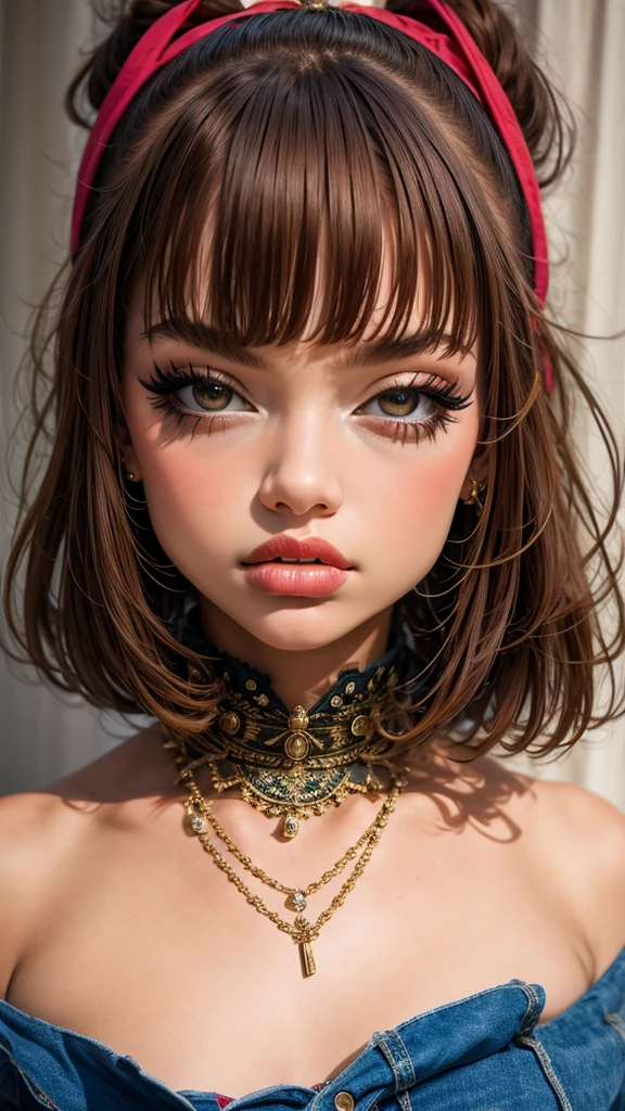 Create a semi-realistic brats style with shoulder-length curly brown hair, butterfly bangs, white skin and brown eyes