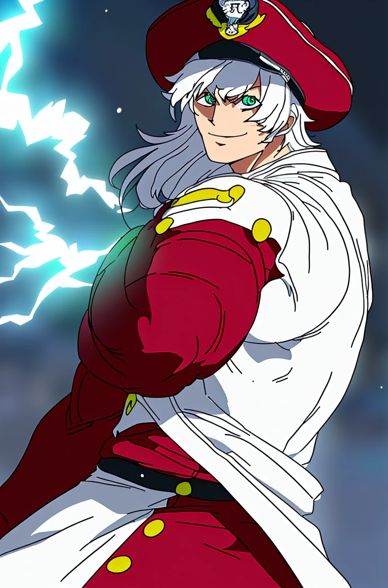 1boy, wanostyle, 1 men, muscular body, wide shoulders, smiling, dark red celinder capitan hat, looking at viewer, solo, full body body, ((masterpiece)), (best quality), (extremely detailed), depth of field, sketch, dark intense shadows, sharp focus, soft lighting, hdr, colorful, good composition, red and black lightning all around, spectacular, white shirt with lace, half the buttons are not fastened, captain's shoulder pads, anime screencap, scar under eye, long white hair, ready to fight, green eyes
