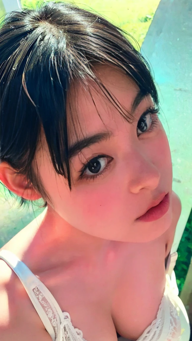 (8k、RAW Photos、highest quality、masterpiece:1.2)、(Realistic、Realistic)、1 Japanese girl、(Short hair)、((Black Hair))、((White Lingerie))、((Petite Woman))、(((Big Breasts)))、Lots of eyelashes、Glowing eyelids、skeletally correct