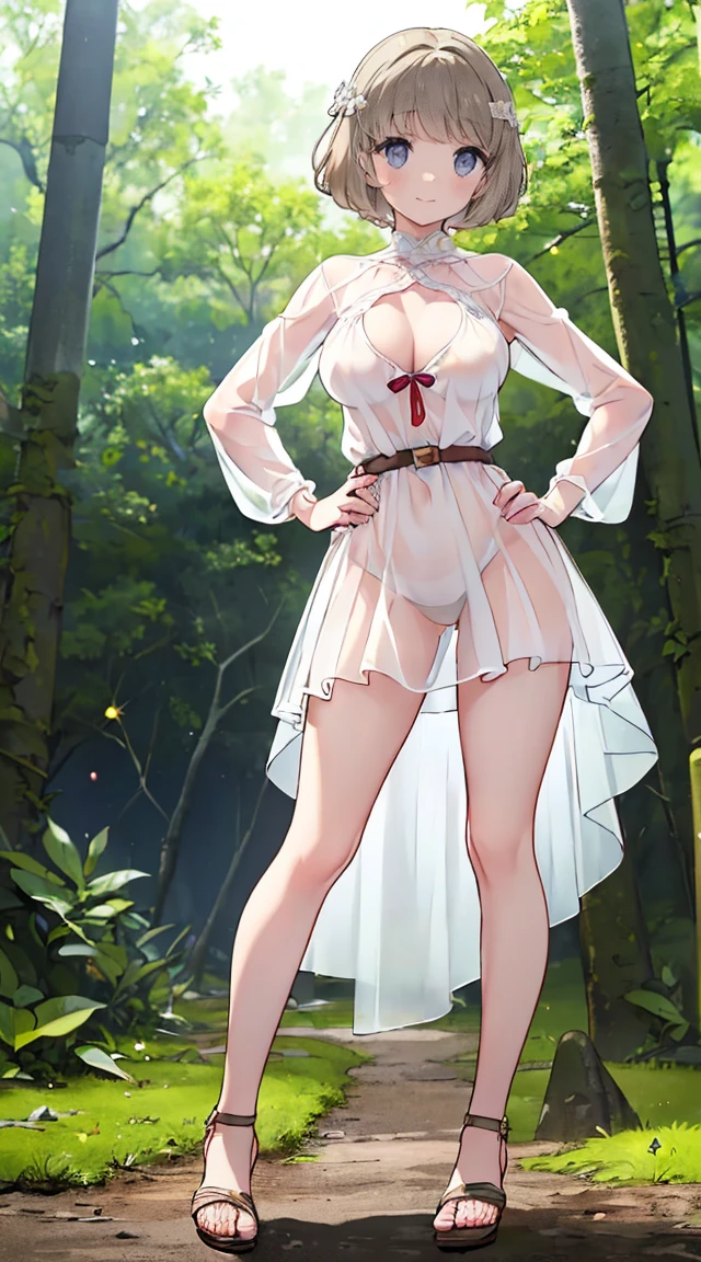 (8K、Raw photo、highest quality、masterpiece:1.2)、(realistic、Photoreal)、1 girl、((white dress、See-through、in the forest、sandals、bionde、I can see your feet、stand with hands on hips、belt、big breasts、Seen from the front、stand with legs apart、、lots of eyelashes、Glitter on your eyelids、skeletally correct、smile、standing with hands on hips、Exposing the breasts、Bare your breasts、Very large breasts