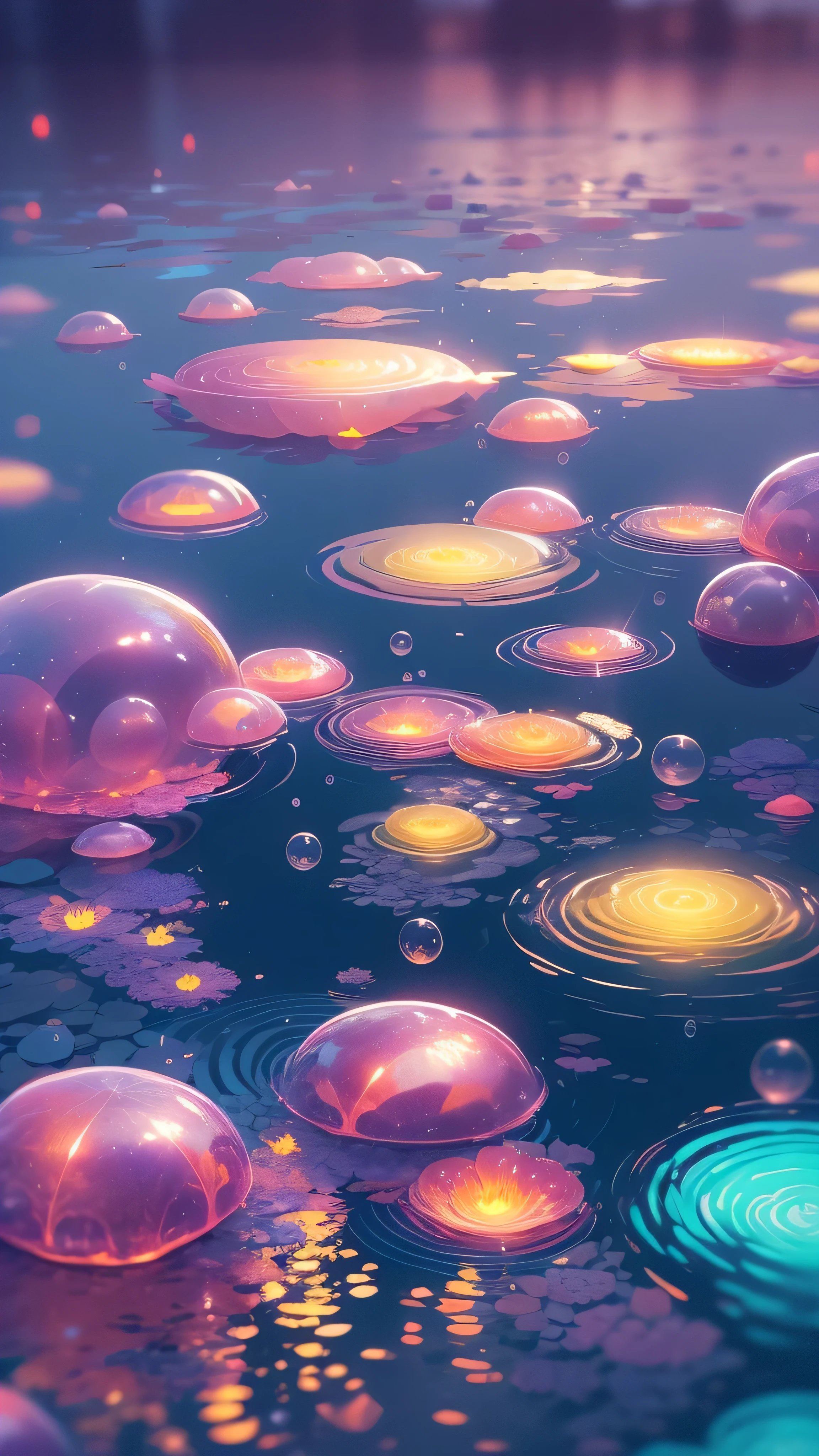 Distant view of the lake,Super cute slime,Reflects light,Colorful bubbles,Magical Lake,Super detailed,Highest quality,Soft lighting, Fantasy Style, Vibrant colors