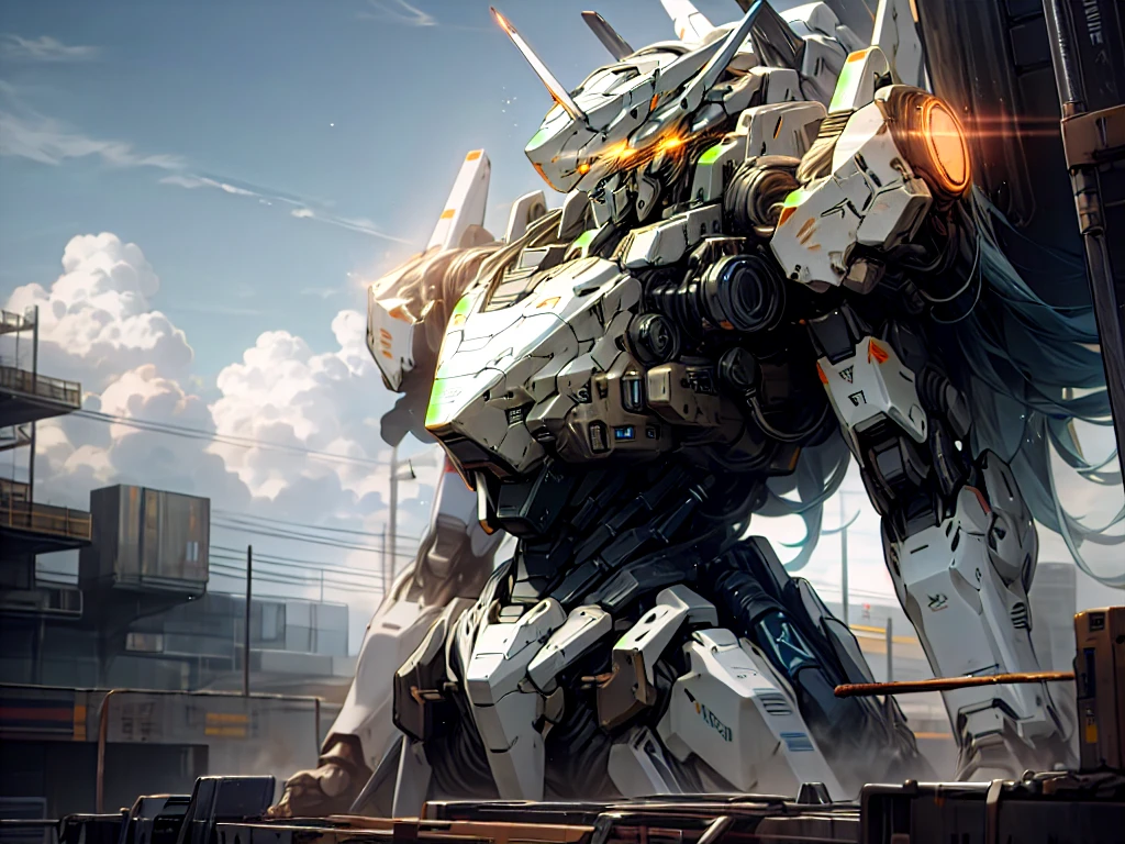 sky, cloud, holding_weapon, no_humans, glowing, , robot, building, glowing_eyes, mecha, science_fiction, universe, realistic,mecha