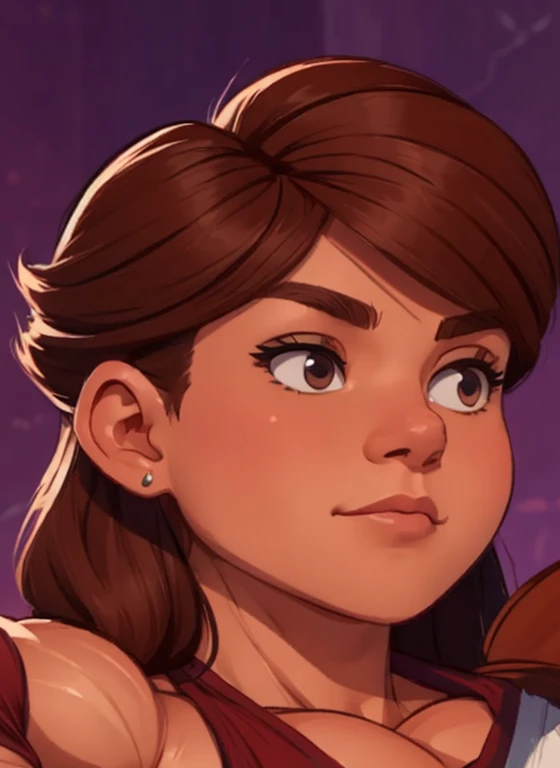 (masterpiece:1.2), (best quality), (ultra detailed), (8k, 4k, intricate),(full-body-shot:1), (highly detailed:1.2),(detailed face:1.2), (detailed background), muscle girlflexing muscles wearing red top, her hair a rich chestnut brown, giving her a dynamic and youthful appearance, muscle woman, big muscles, huge muscles, massive muscles, muscle girl, Her facial features are a mix of determination and kindness, with expressive eyes that radiate a sense of adventure