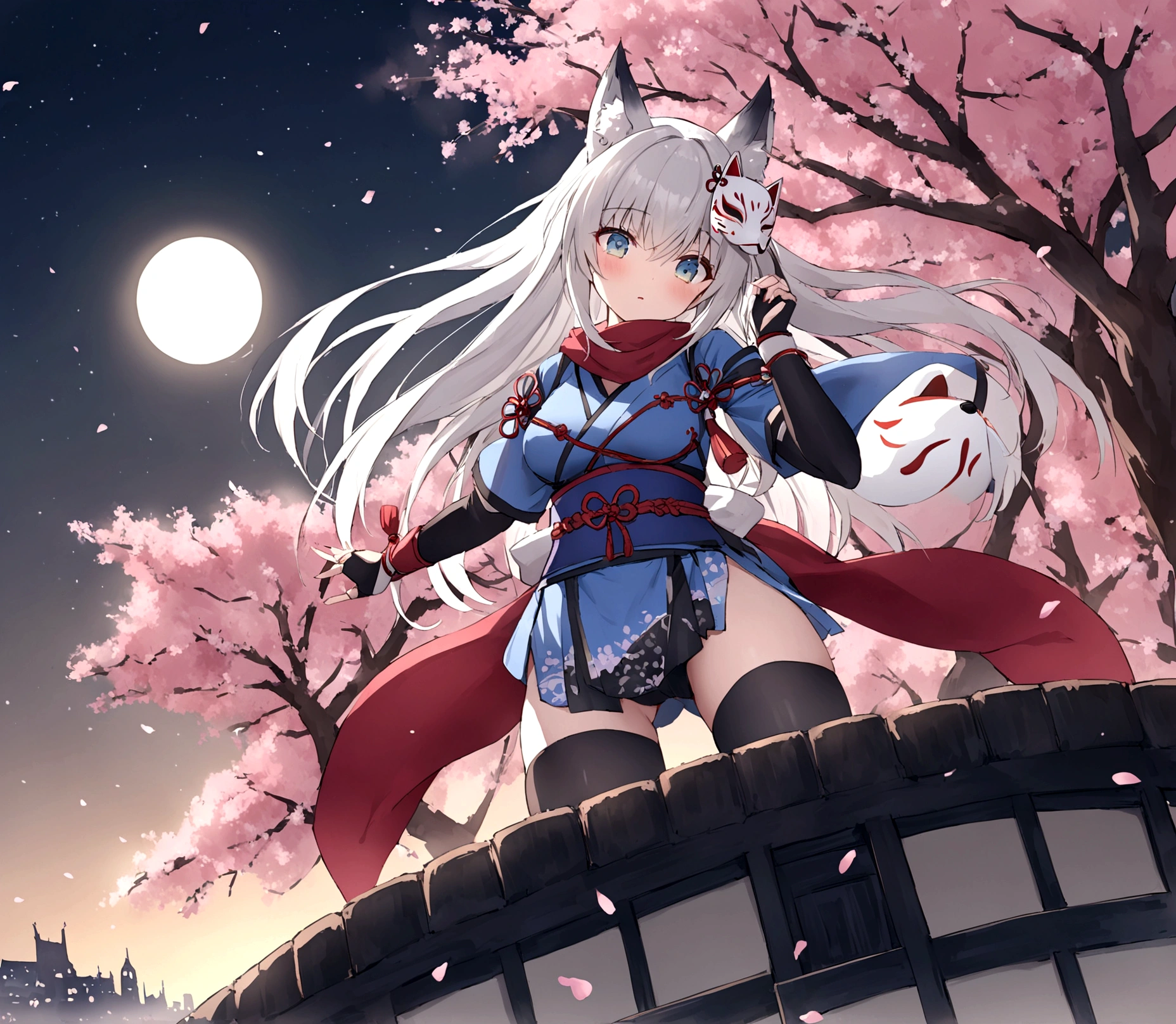 On top of the castle、Looking down from the castle tower、gauntlet、Throwing Shuriken、insert、Asahi、A magnificent view of the city from the treetopasterpiece, best quality:1.2), 1girl, 独奏,Wolf girl, fox mask, ninja, girl, long white hair, odd eyes, blue kimono, ninja girl, red and blue scarf,Dancing Cherry Blossoms,Full moon backlighting, light coming in, fantastic atmosphere.night、Shadows of light and darkness、Eyes glowing in the dark、Black fox mask、Fisheye Lens、Expansive starry sky、long hair that spreads、Overlooking the city from atop a large cherry tree、Aside exposure