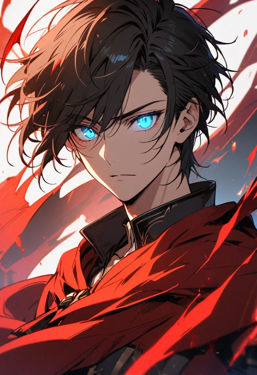 Male, solo, handsome, black hair, blue eyes, red cloak, young, half body, glowing eyes
