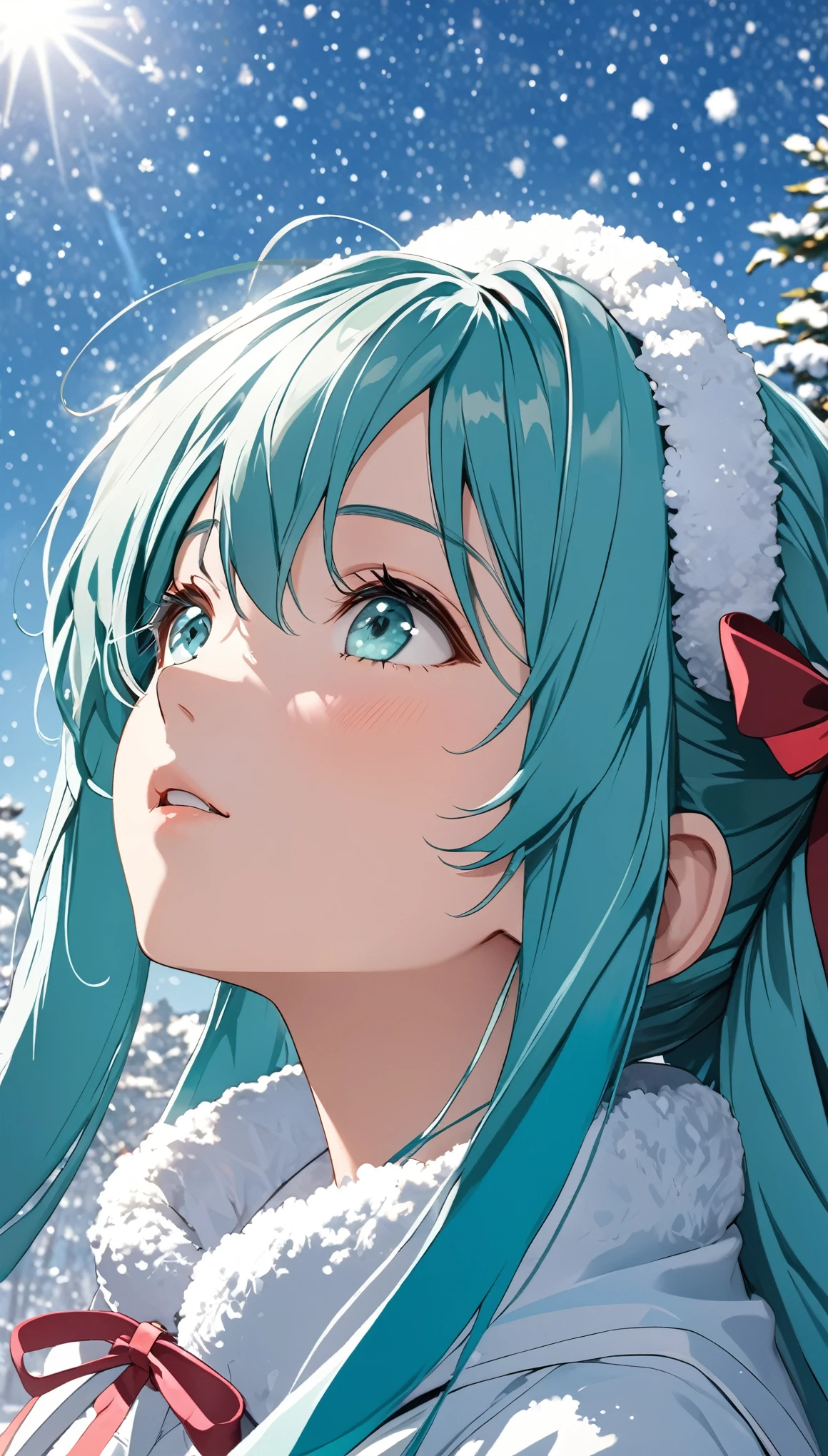 Hatsune Miku、Costumes、Snowy park、White Breath、Upper Body、Looking up at the sky、Highest quality、Masterpiece