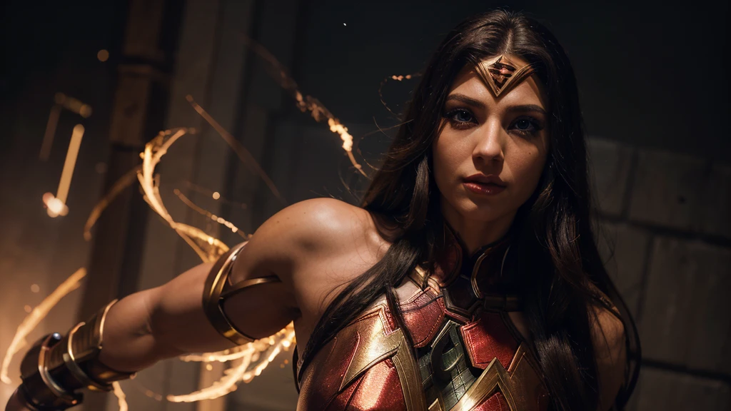 a beautiful female superhero of the justice league, extremely detailed face, beautiful eyes, full lips, long eyelashes, flowing hair, tight superhero costume, dynamic pose, muscular physique, glowing energy aura, cinematic lighting, vibrant colors, 8k, photorealistic, digital art, concept art, hyperrealistic