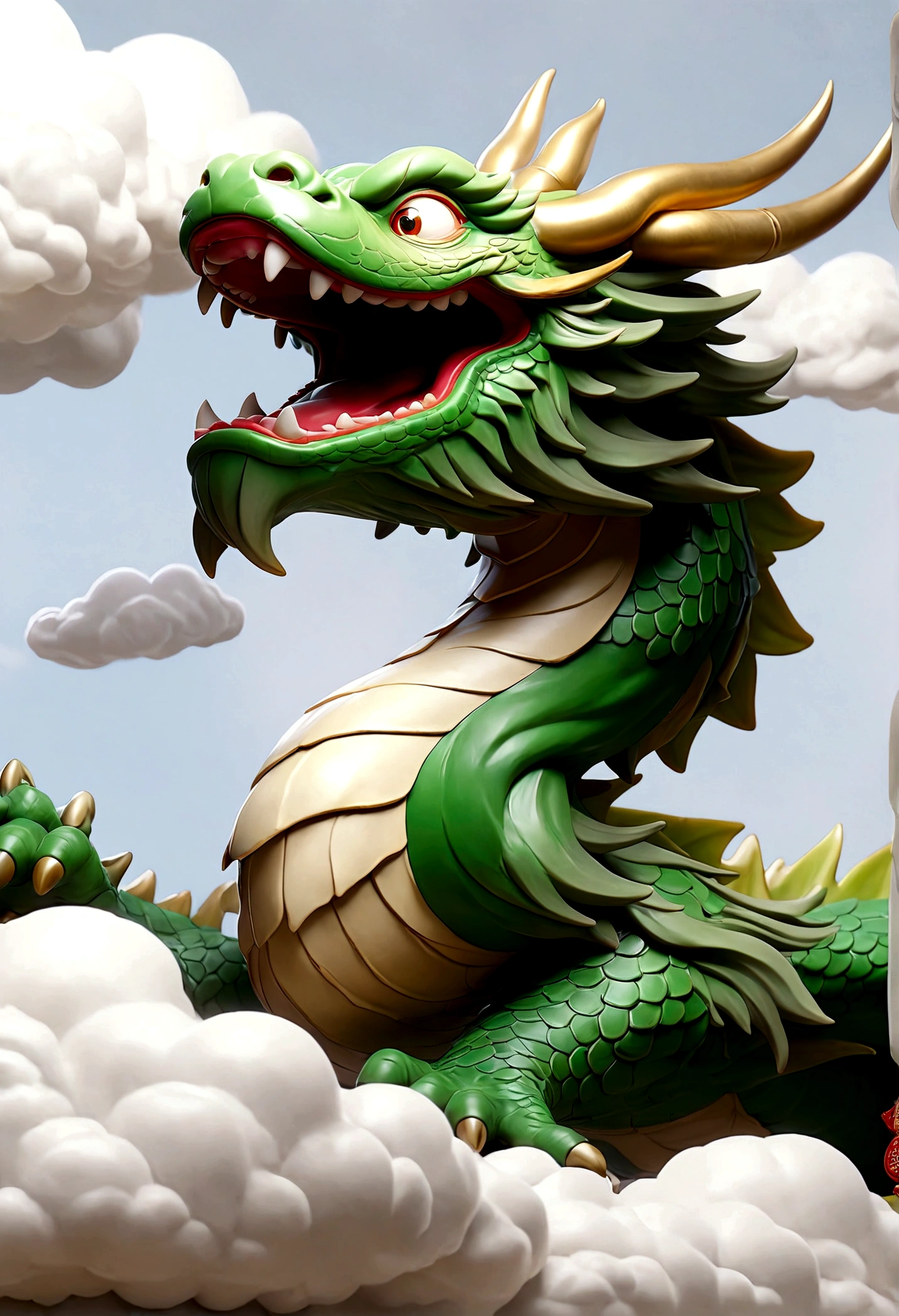 flag、masterpiece、(White background:1)、A green Japanese dragon surrounded by white clouds、god々々Halo、Wind、god々、Long undulating body、overbite、Upper body、Fantastic、god話、high quality、Very detailed、masterpiece、amazing、Particle Effects、Dynamic Effects